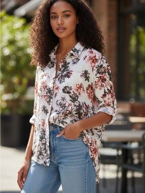 Lord & Taylor White Button-Down Shirt with Coral & Olive Floral XL Linen Spring